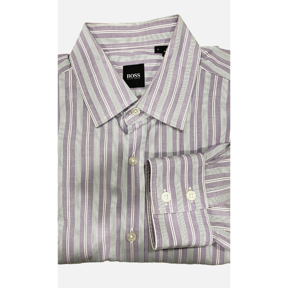 Hugo Boss Button Up Dress Shirt Men's L 100% Cotton Purple Striped Long Sleeve - Picture 1 of 4